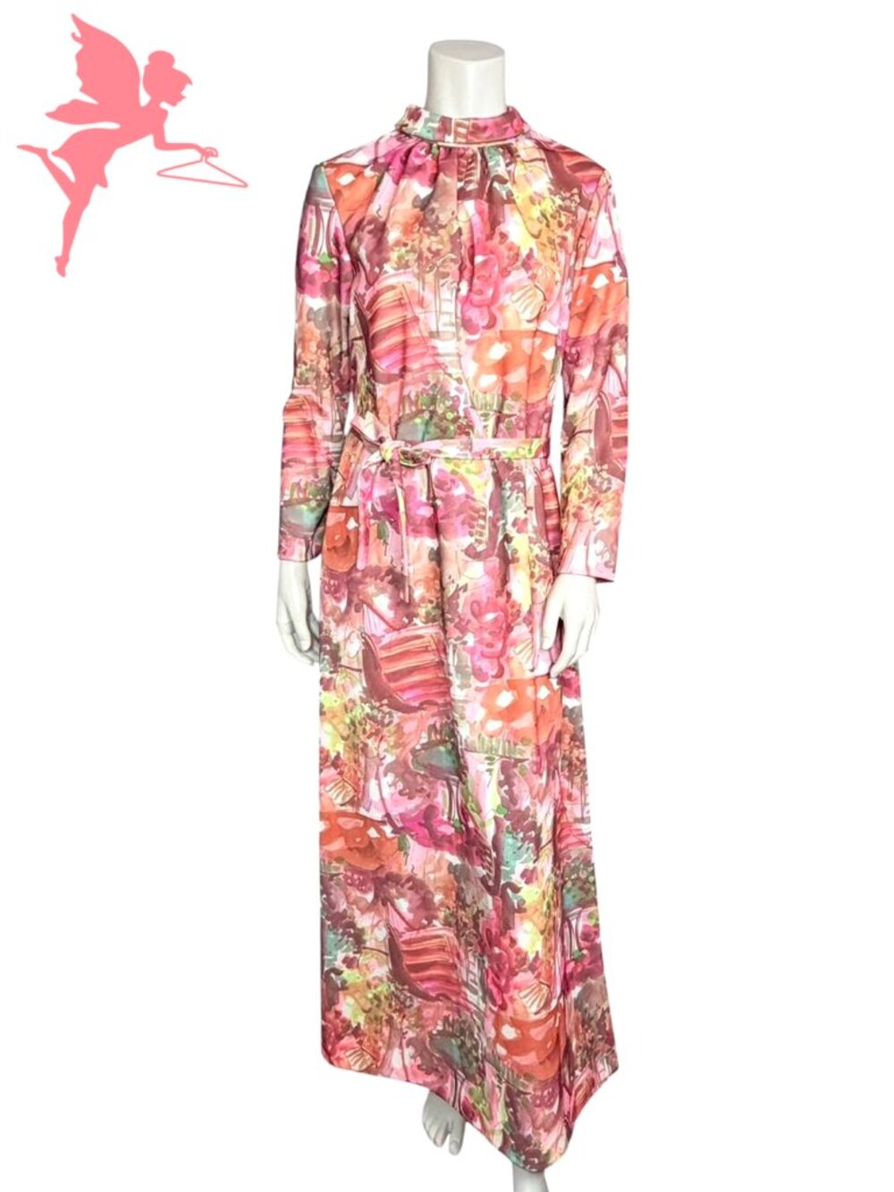 VINTAGE 1970s Checkaberry Watercolour Long Sleeve Maxi Dress